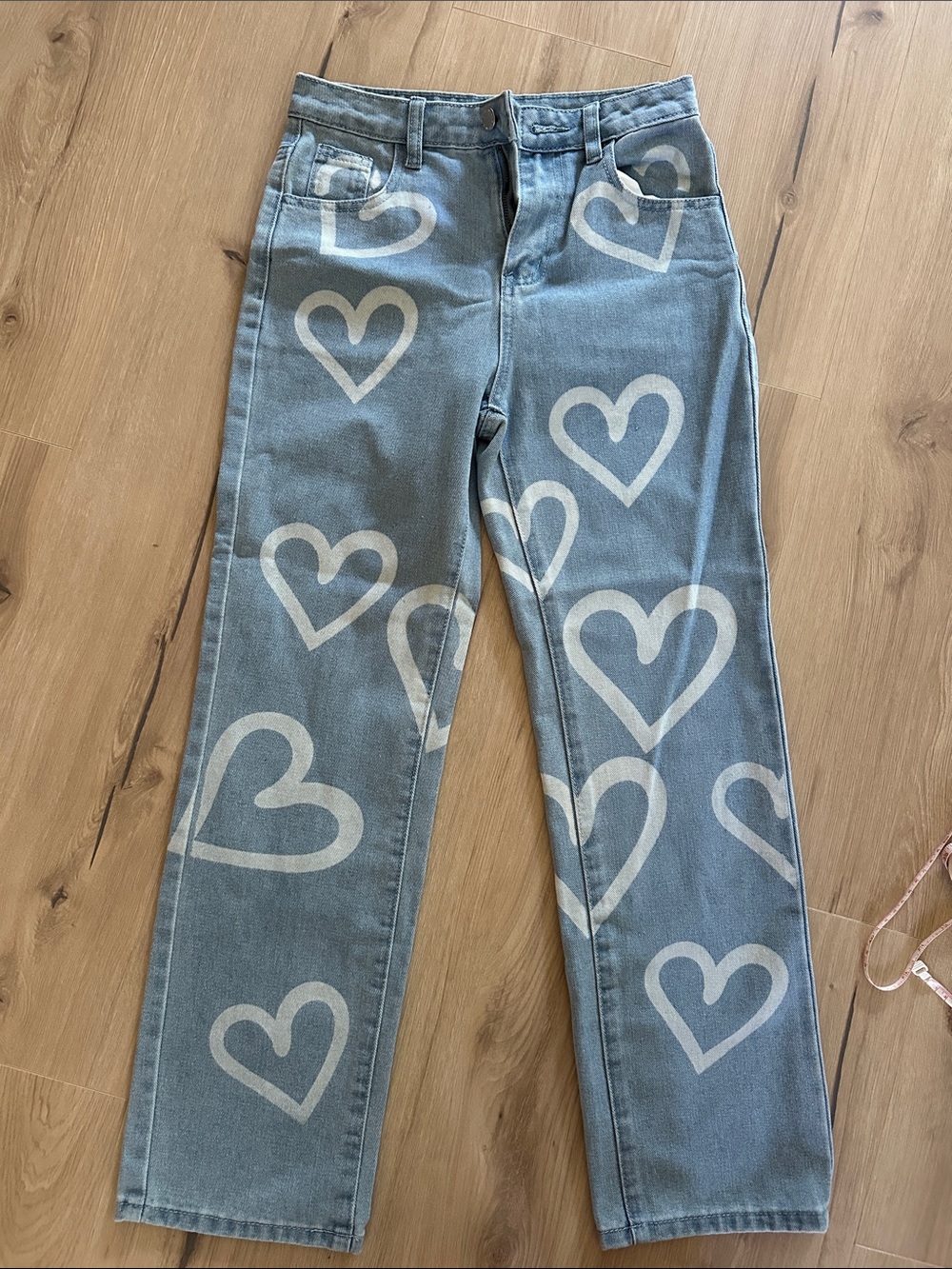 SHEIN Light Blue Denim Jeans with White Heart Print